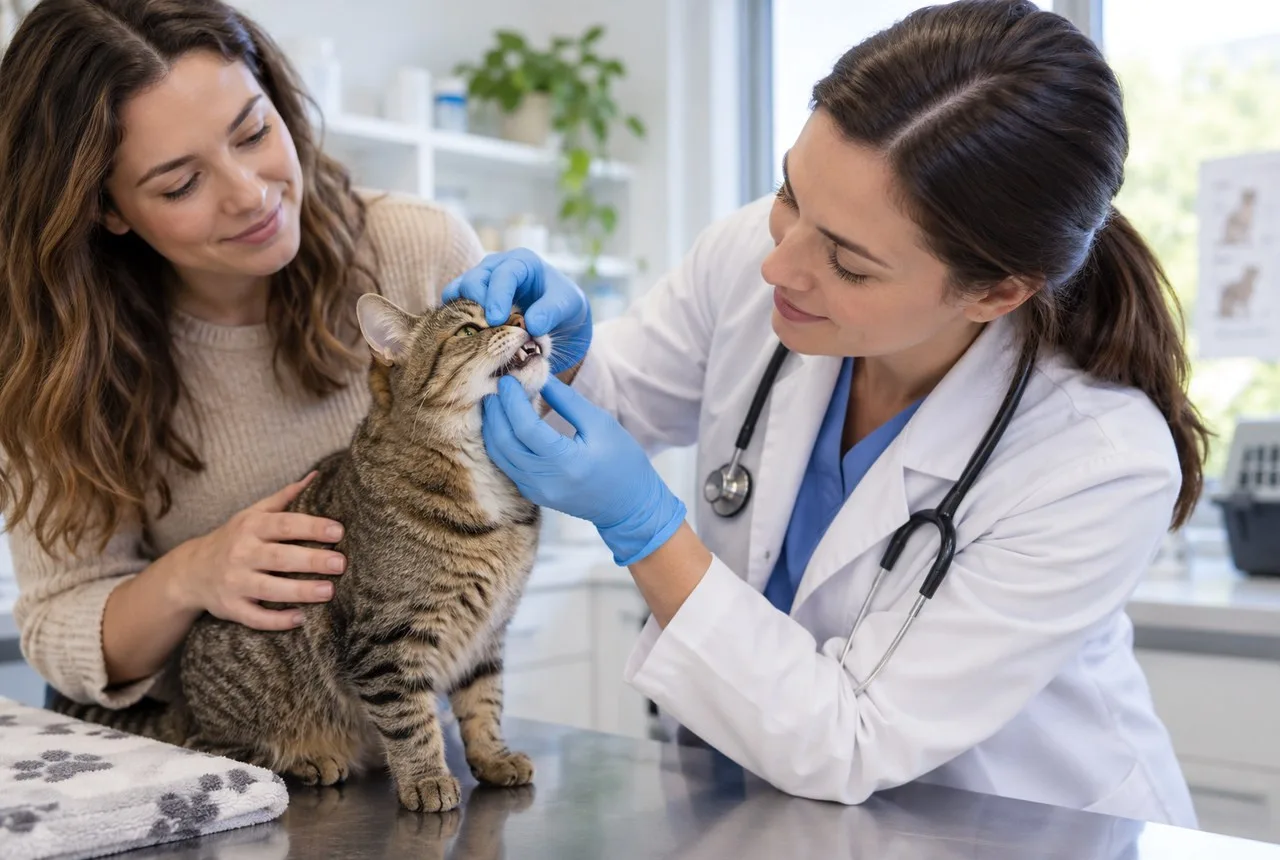 Veterinarian examining a cat with its owner present